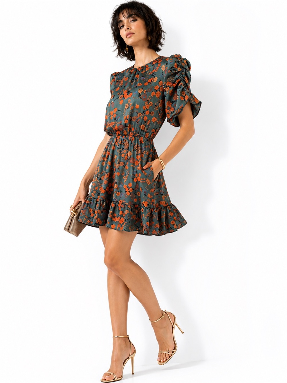 THML Floral Puff Ruched Sleeve Mini Dress with Rust Floral Print
